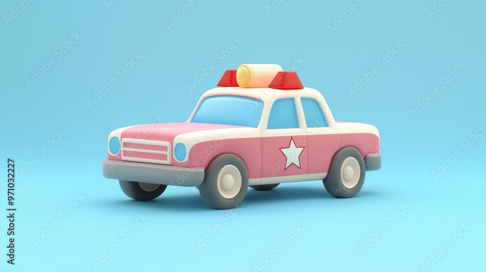 Fototapeta premium Cute Pink Police Car Toy on Blue Background