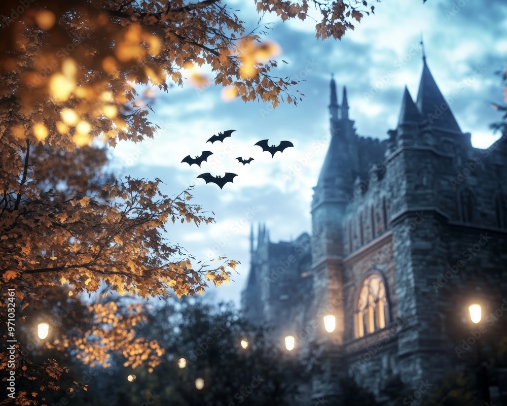 Fototapeta premium Halloween festival held in an ancient stone castle bats flying around