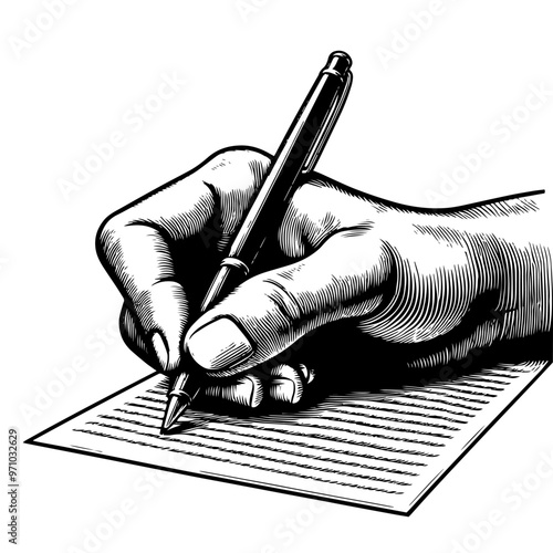 Hand sketch of person writing with pen on paper in black and white. Vector, generative ai.