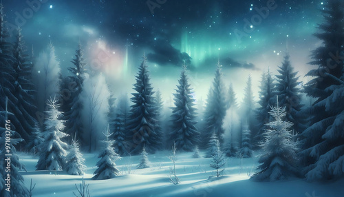 Winter landscape featuring a dense forest of snow covered pine trees under a night sky with stars