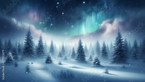 Winter landscape featuring a dense forest of snow covered pine trees under a night sky with stars