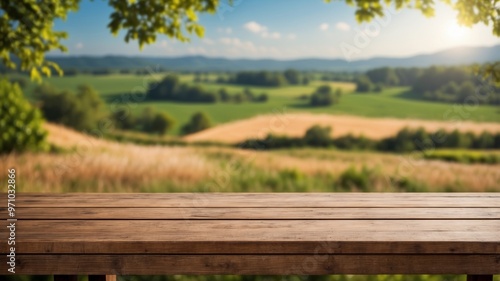 An empty wooden table top for product advertising with an idyllic view of the countryside with green nature.