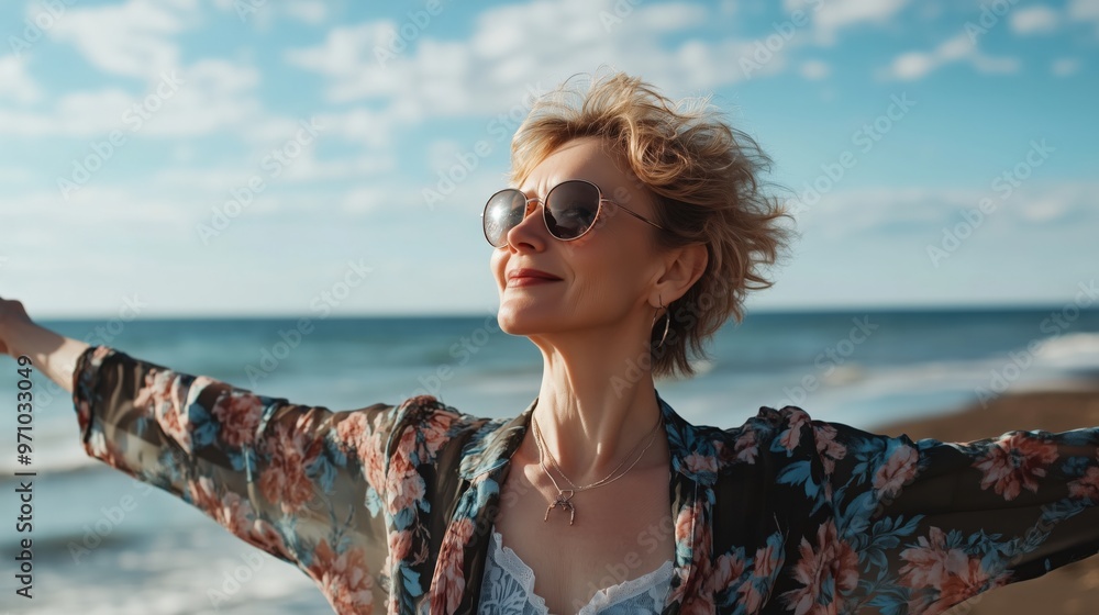 Enjoying freedom: middle-aged woman embracing beachfront serenity in summer Enjoying freedom: middle-aged woman embracing beachfront serenity in summer