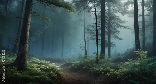 The mist in the quiet forest in the morning photo