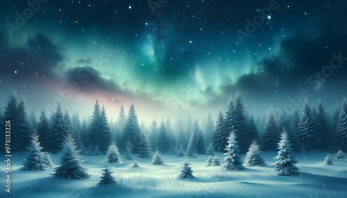 Winter landscape featuring a dense forest of snow covered pine trees under a night sky with stars