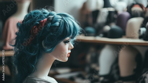 Female wig maker crafting blue haired wig in high-resolution stock image photo