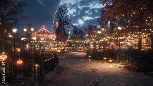 Halloween festival set up at an abandoned amusement park eerie lights on the rides photo