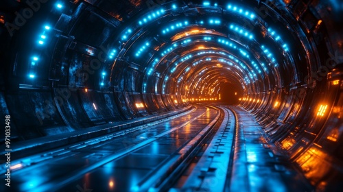 Futuristic Blue Techno style Tunnel with Glowing Illuminated Lines