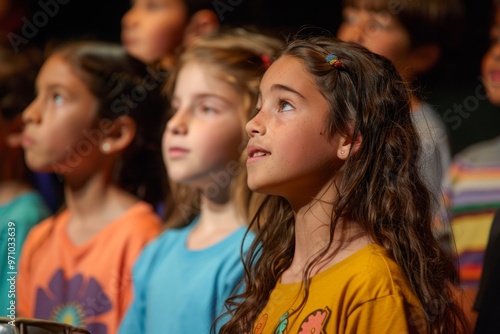 A group of young girls are singing and dancing on stage