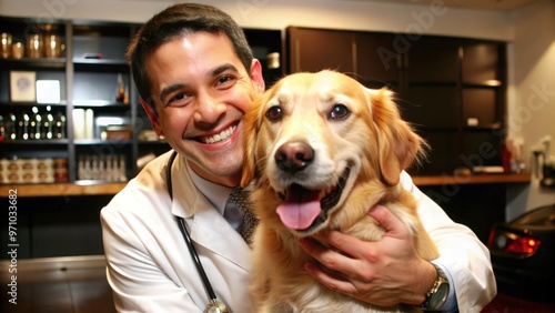 Veterinarian Smiling and Holding a Golden Retriever photo