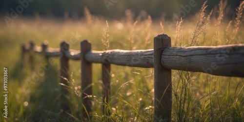 A section of wooden fence overgrown with grass and weeds. photo