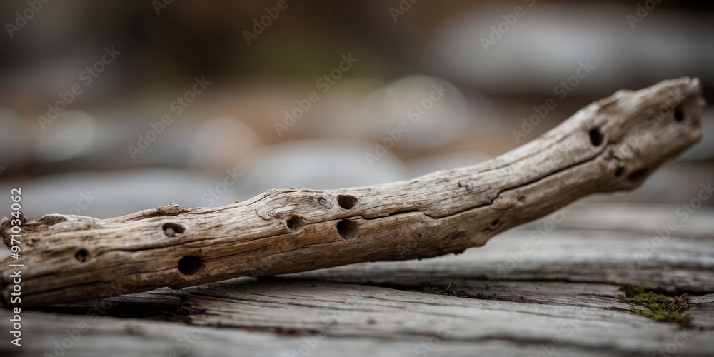 A long piece of driftwood with a few holes in it. A long piece of driftwood with a few holes in it.