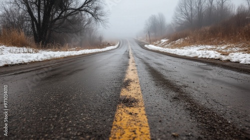 Foggy winter highway landscape: tranquil road in early spring scene photo