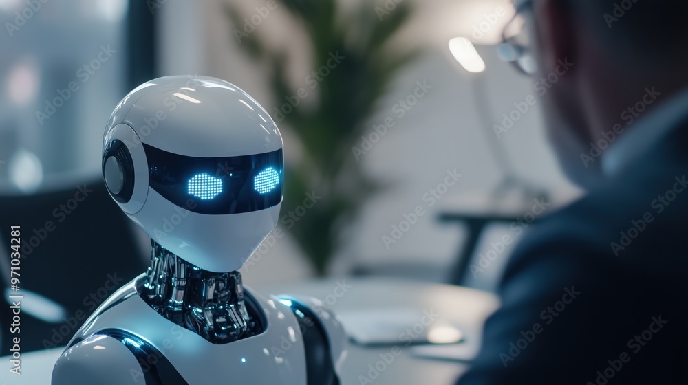 Futuristic job interview with advanced robot in modern office setting Futuristic job interview with advanced robot in modern office setting