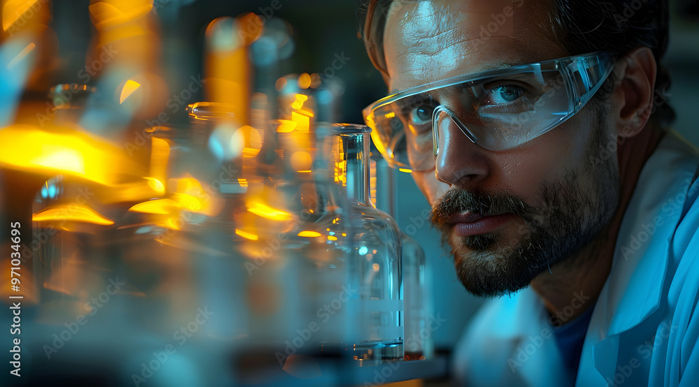 Close-up of Scientist in Lab with Beaker and Goggles - Realistic Photo Close-up of Scientist in Lab with Beaker and Goggles - Realistic Photo