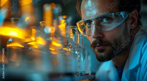 Close-up of Scientist in Lab with Beaker and Goggles - Realistic Photo