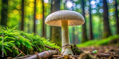 Delicate, edible sheep's head mushrooms with soft, white caps and tender stems grow in a lush, emerald green forest surrounded by rustic fallen branches. photo