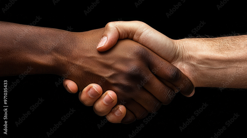 A powerful image of two hands gripping each other tightly in handshake, symbolizing unity and connection. This gesture conveys trust and collaboration between diverse individuals A powerful image of two hands gripping each other tightly in handshake, symbolizing unity and connection. This gesture conveys trust and collaboration between diverse individuals