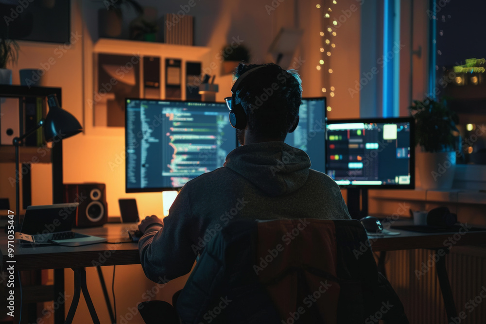 Person working in a minimalist home office at night, using multiple monitors to code and create, surrounded by soft ambient lighting Person working in a minimalist home office at night, using multiple monitors to code and create, surrounded by soft ambient lighting