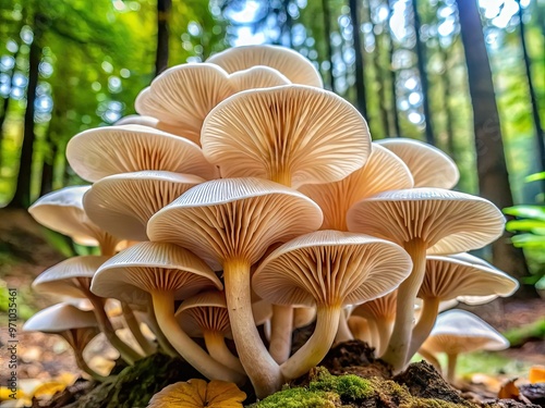 Delicate, fan-shaped clamshell mushrooms grow in clusters on a forest floor, their creamy caps adorned with subtle ridges and faintly gilled undersides.