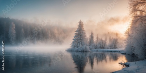 A Frosty Winter Landscape with Smoke Rising Over a Frozen Lake.