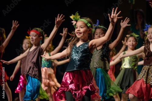 A group of young girls are singing and dancing on stage
