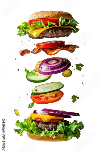 PNG Dissected floating hamburger ketchup food food presentation. photo