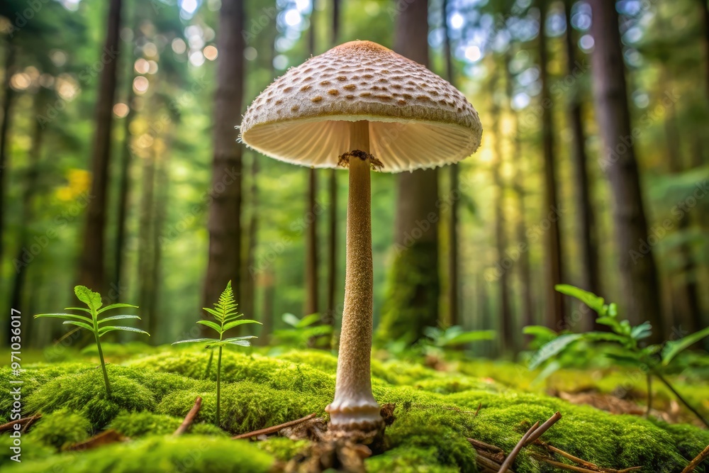 Delicate gray parasol mushroom with slender stem and lacy gills grows amidst lush green forest undergrowth, its cap partially opened, revealing intricate patterns. Delicate gray parasol mushroom with slender stem and lacy gills grows amidst lush green forest undergrowth, its cap partially opened, revealing intricate patterns.