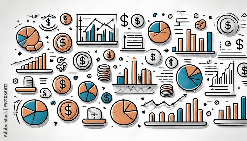 Hand-drawn financial and business icons, like graphs, pie charts, and currency symbols, scattered on a white background Hand-drawn financial and business icons, like graphs, pie charts, and currency symbols, scattered on a white background