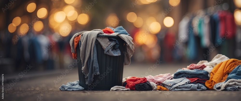 Fast fashion concept with a trash can full of clothes. Fast fashion concept with a trash can full of clothes.