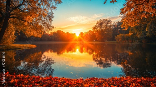 A serene lake at sunset surrounded by autumn foliage with vibrant colors and reflections.