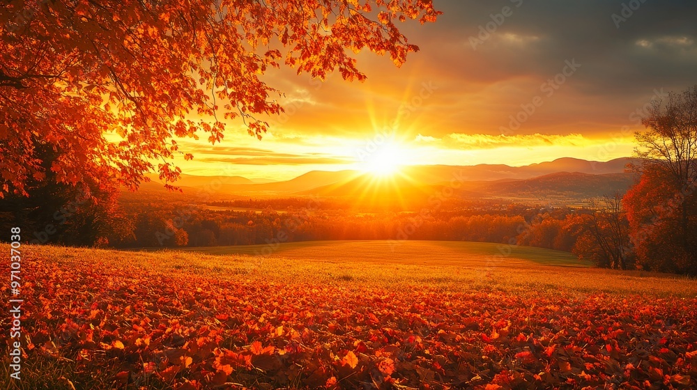 A beautiful autumn sunset over a scenic countryside landscape with vibrant fall foliage. A beautiful autumn sunset over a scenic countryside landscape with vibrant fall foliage.