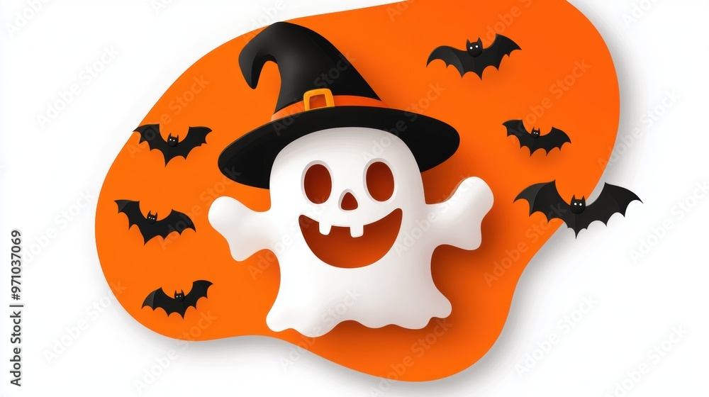 Fototapeta premium A playful ghost character with a witch hat, surrounded by bats on an orange background, perfect for Halloween designs.