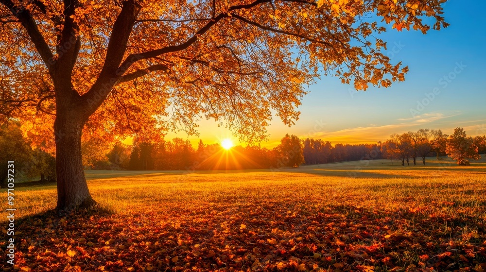 Fototapeta premium Golden sunlight filters through autumn leaves in a peaceful park setting at sunset.