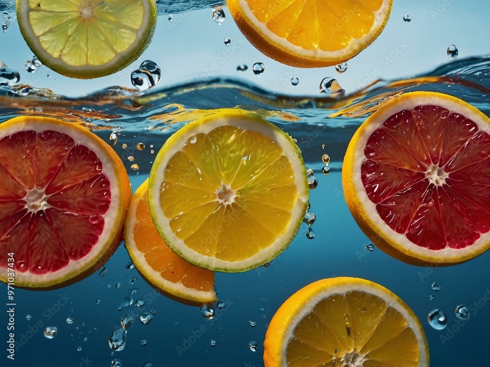 Citrus slices floating in water, creating a refreshing summer scene. Citrus slices floating in water, creating a refreshing summer scene.