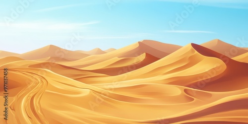 A beautiful desert landscape showcasing rolling sand dunes under a clear blue sky, perfect for aesthetic or travel themes.