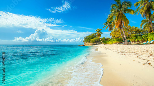 Stunning tropical beach with clear blue water, white sand, and palm trees under a bright blue sky.