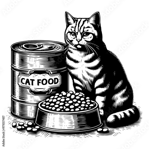 Cat with a food bowl and dry cat food in a monochrome illustration. Vector, generative ai.