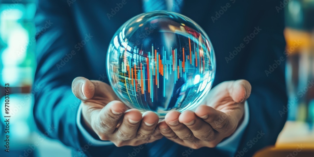 Obraz premium A business professional holds a crystal ball displaying vibrant data graphs, symbolizing future predictions and analytics.