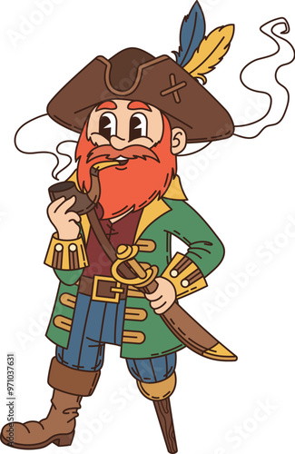 Cartoon groovy pirate and corsair character. Isolated vector cheerful captain personage with a peg leg and pipe, wears a tricorn hat with a feather, stands confidently, gripping a sword in hand