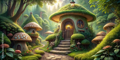 Delicate, intricately detailed illustration of a whimsical mushroom house amidst lush greenery, featuring ornate doors, windows, and a winding stairway in soft, earthy tones.