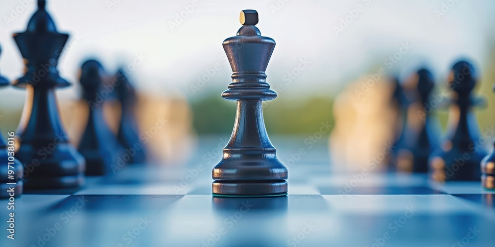 A close-up view of a black king chess piece standing proudly on a chessboard, symbolizing strategy and competition. A close-up view of a black king chess piece standing proudly on a chessboard, symbolizing strategy and competition.