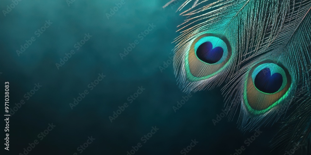 Obraz premium A close-up view of a peacock feather showcasing its vibrant colors and intricate details against a soft, dreamy background.