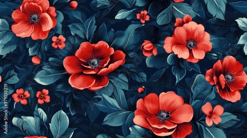 Floral design featuring red flowers and bluish leaves on a blue background