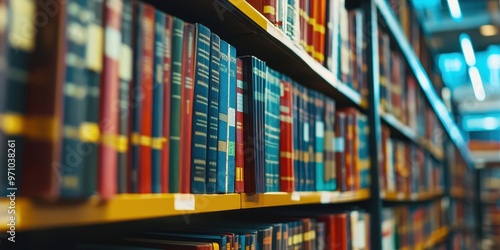 A colorful collection of books neatly arranged on library shelves, inviting readers into a world of knowledge and adventure. photo