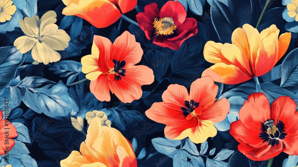 Seamless collage pattern featuring an indigo tulip background vibrant flowers and a stylish textile design with floral and leaf elements Seamless collage pattern featuring an indigo tulip background vibrant flowers and a stylish textile design with floral and leaf elements