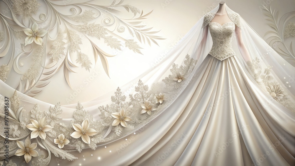 Delicate lace and satin wedding gown illustration with intricate details, flowing veil, and sparkling embellishments on a soft white background with subtle floral patterns. Delicate lace and satin wedding gown illustration with intricate details, flowing veil, and sparkling embellishments on a soft white background with subtle floral patterns.