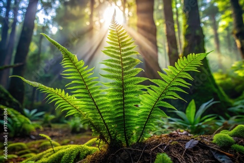 Delicate, lacy fronds of fish fern plant grow upward from forest floor, surrounded by moss and dappled light, in a serene, misty, tropical rainforest atmosphere. photo