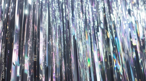 Holographic silver foil fringed curtain backdrop for festive event decor and photography photo