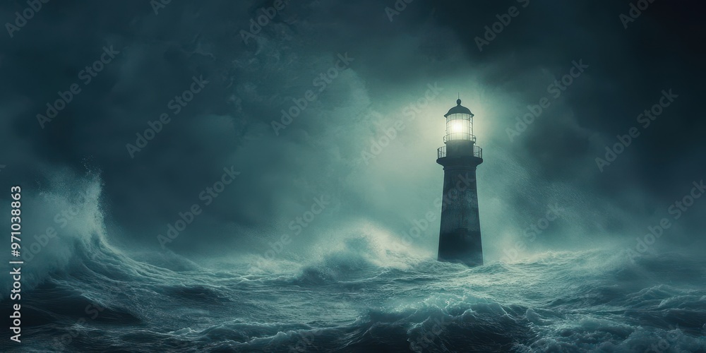 A dramatic lighthouse stands firm against tumultuous waves, casting a guiding light in a dark, stormy sea. A dramatic lighthouse stands firm against tumultuous waves, casting a guiding light in a dark, stormy sea.